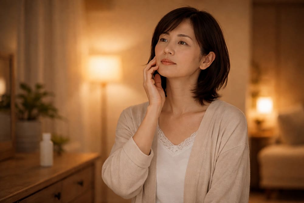 夜の室内でスキンケア後に静かに佇む40代女性
