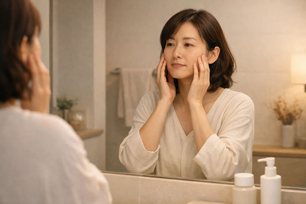 夕方の洗面所で頬のつっぱりを確かめる40代女性。乾燥が戻る感覚に気づいている様子