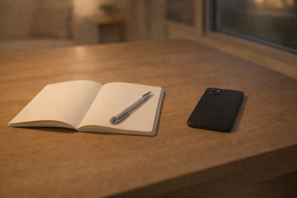 夜の自宅でノートとペンを机に置き、スマートフォンから少し距離を取って考えを整理している様子
