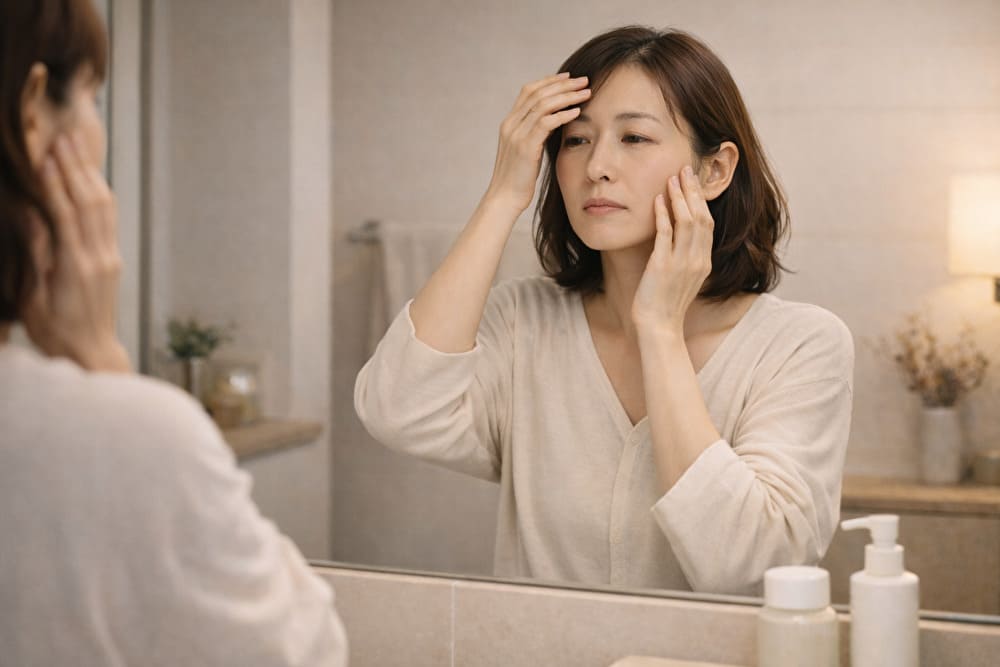 洗面所で肌のベタつきと乾きの違和感を確認している40代日本人女性