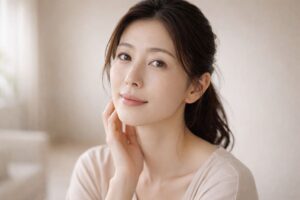 夜ケア後の肌をやさしく触れる40代女性のナチュラルな表情