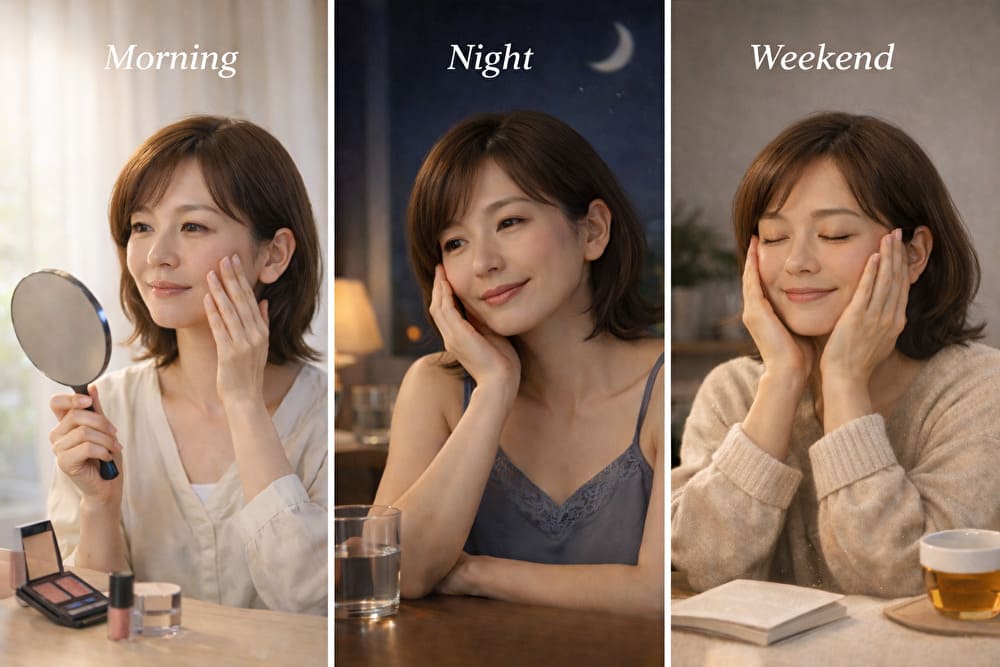 朝・夜・週末の時間帯ごとに、40代の女性が穏やかな表情で肌に触れる様子を表現した写真。