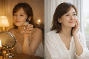 ハリッチの美容液で前夜にスキンケアをする40代女性と、翌朝自然光の中で肌を整える様子