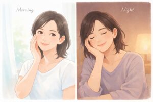朝と夜でスキンケアの役割が違うことを表したイラスト