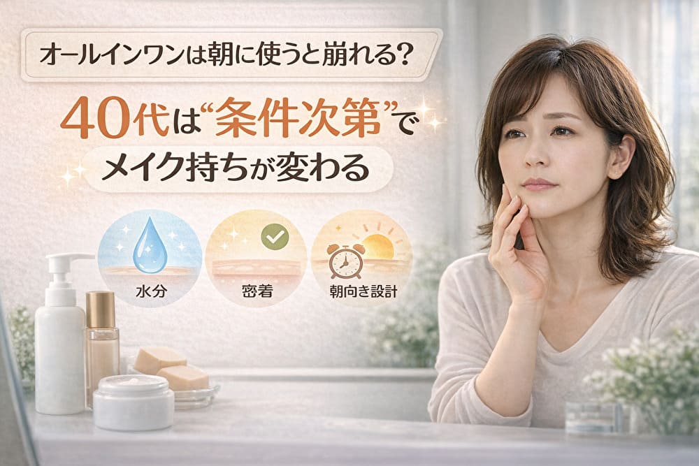 朝の洗面所で鏡を見つめ、メイクの仕上がりに悩む40代女性